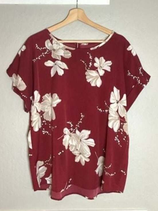 Shein Curve Tops - Shein Curve Burgundy Cream Floral Short Sleeve Polyester Blouse, 2X